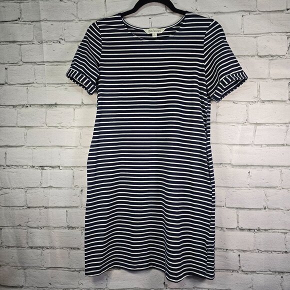 WOMENS DAVI AND DANI KNIT SHIFT ALINE DRESS NAVY WITH WHITE STRIPES SIZE SMALL - Picture 1 of 8